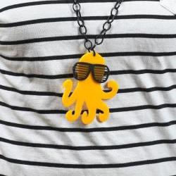 Canary Yellow Octopus Necklace,Plexiglass Octopus with 80s Slot Glasses,Lasercut Acrylic,Gifts Under 25